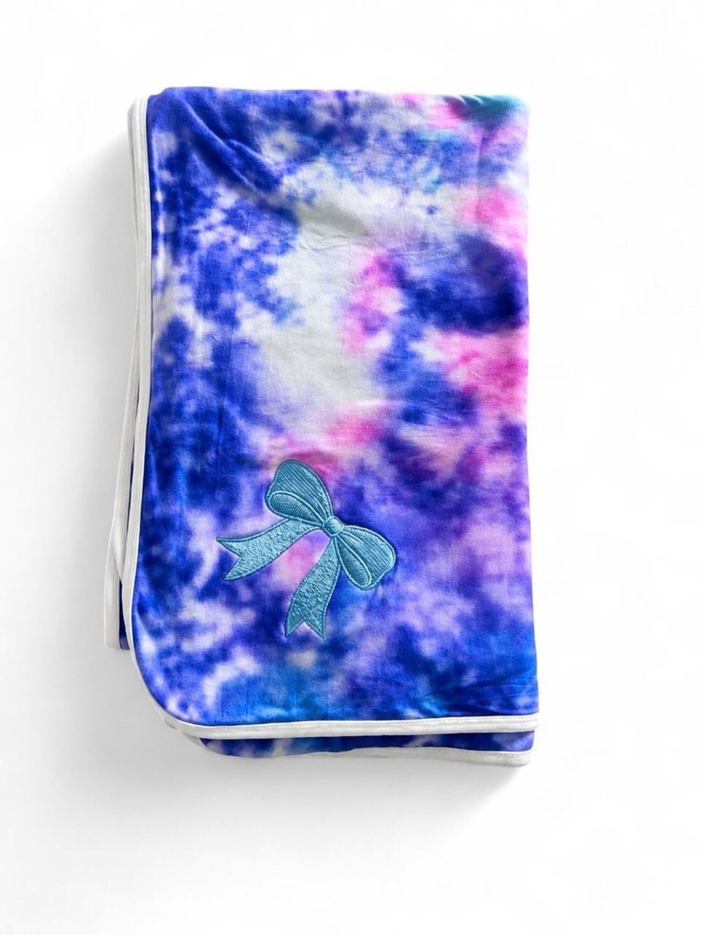 Tie-Dye Embroidered Blue Bow Pajama Fabric Throw Blanket
